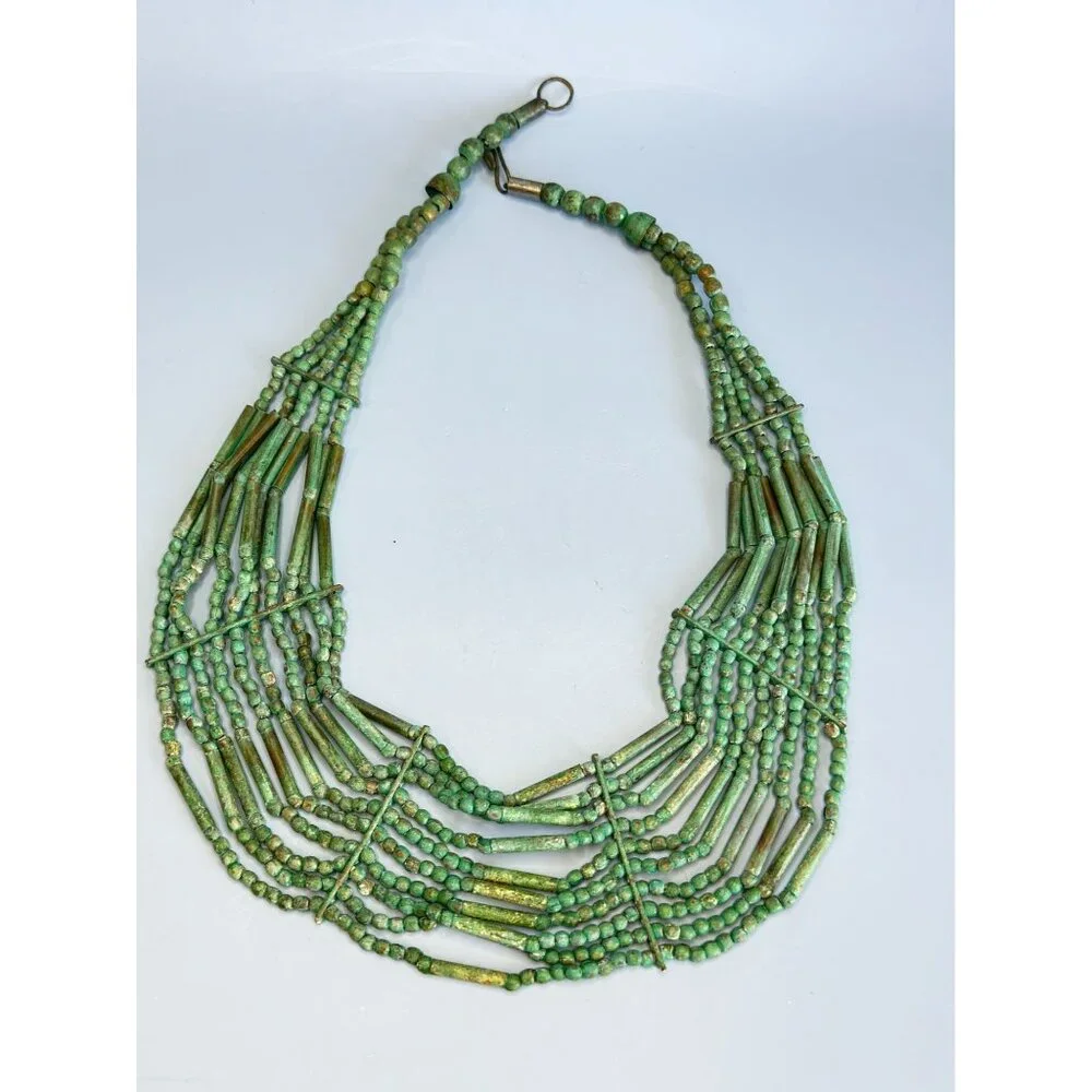 Tribal Multi-Strand Green Turquoise Beaded Necklace With Brass Hook Clasp - Picture 1 of 7